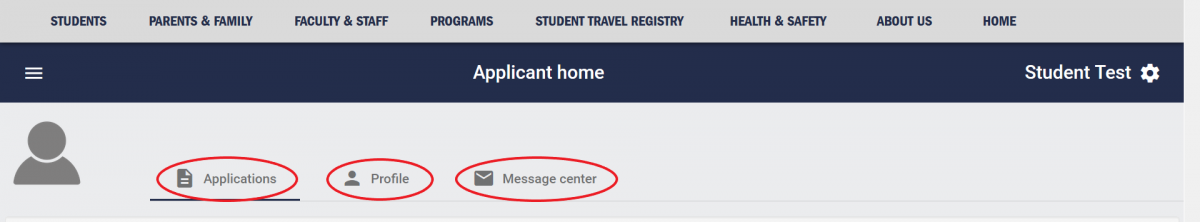 Applicant homepage with the Applications, Profile, and Message center tabs circled
