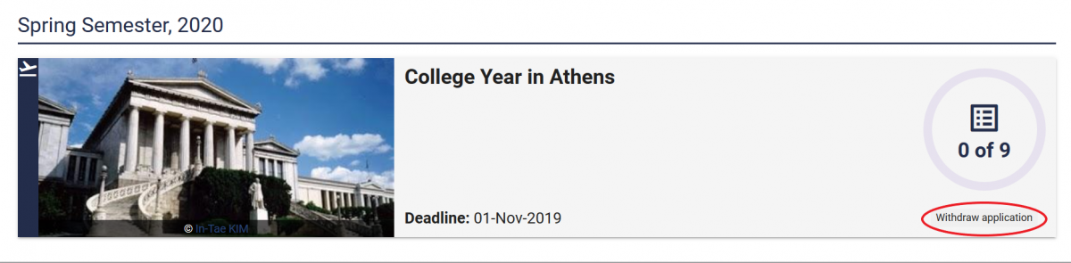 Program tile of College Year in Athens, with Withdraw Application circled
