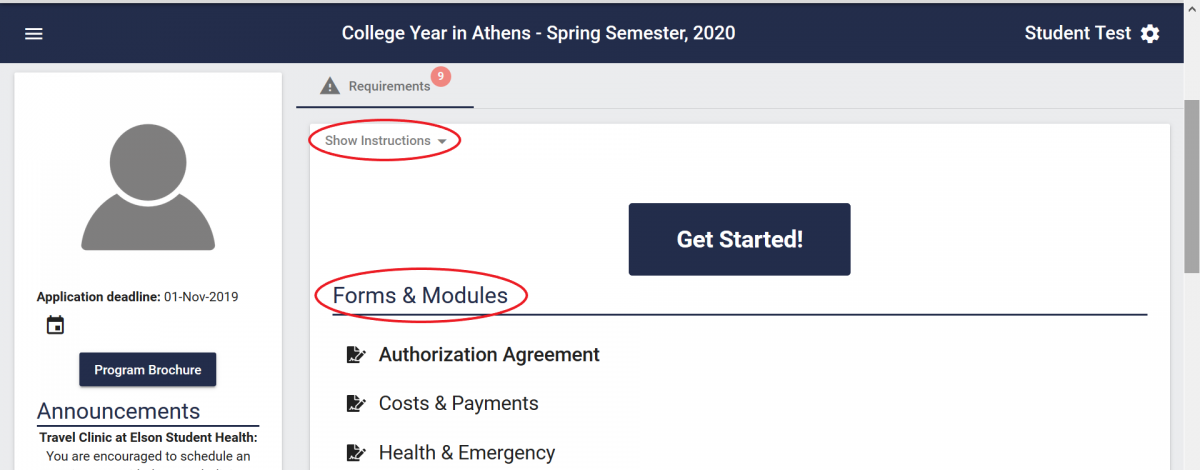 College Year in Athens application with Show Instructions and Forms & Modules sections circled