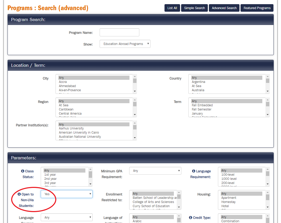 Education Abroad website advanced program search with the "Open to non-UVA students" selection circled