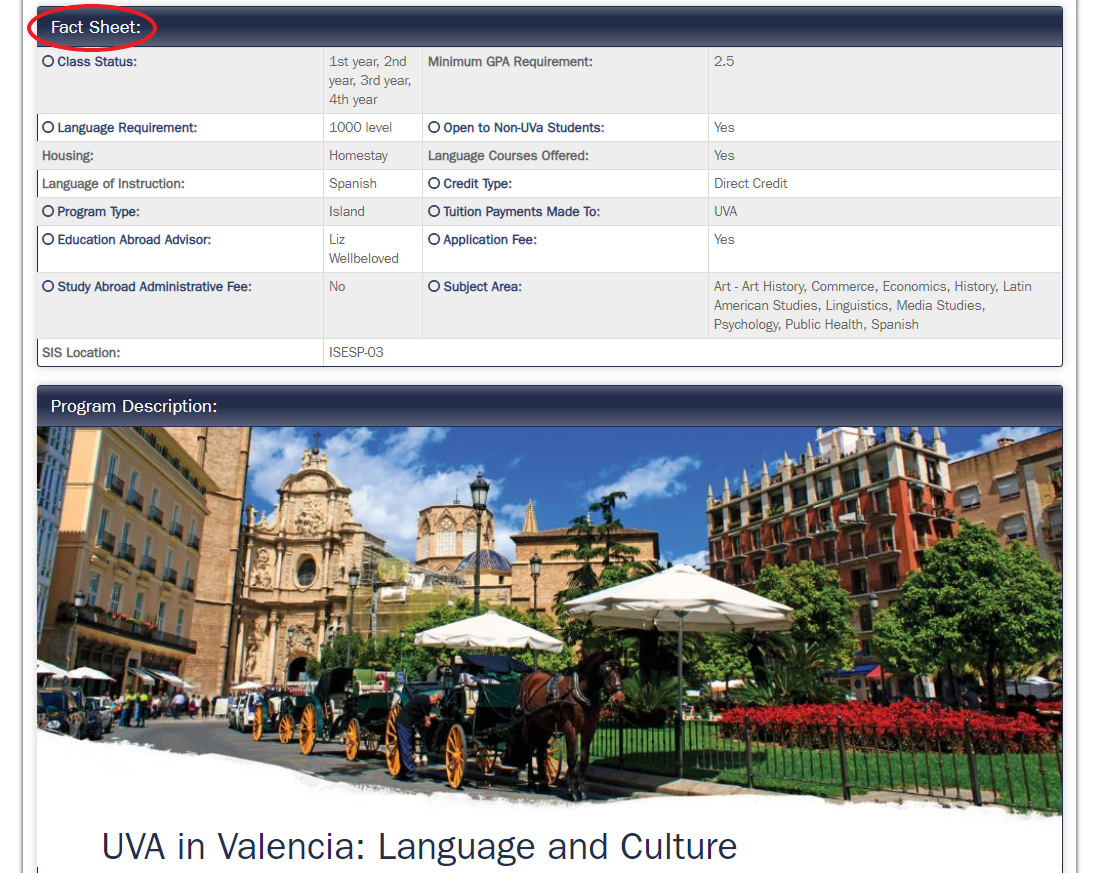 UVA in Valencia: Language and Culture brochure page with the Fact Sheet section circled