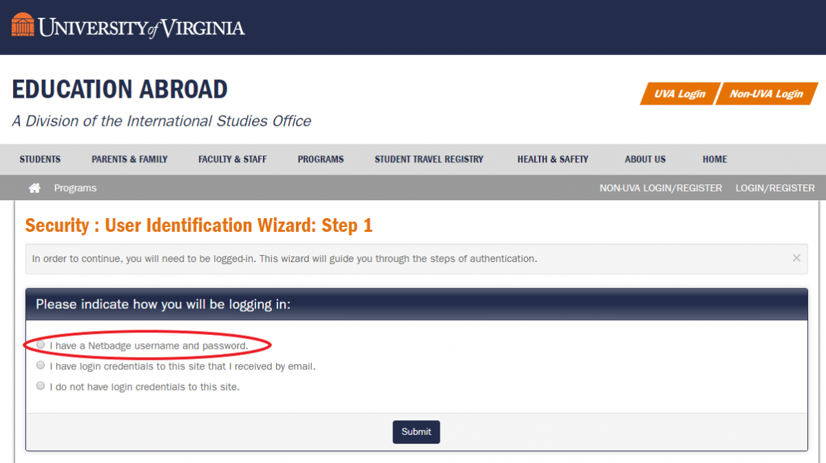 Education Abroad website login wizard with the first option circled: "I have a Netbadge username and password"
