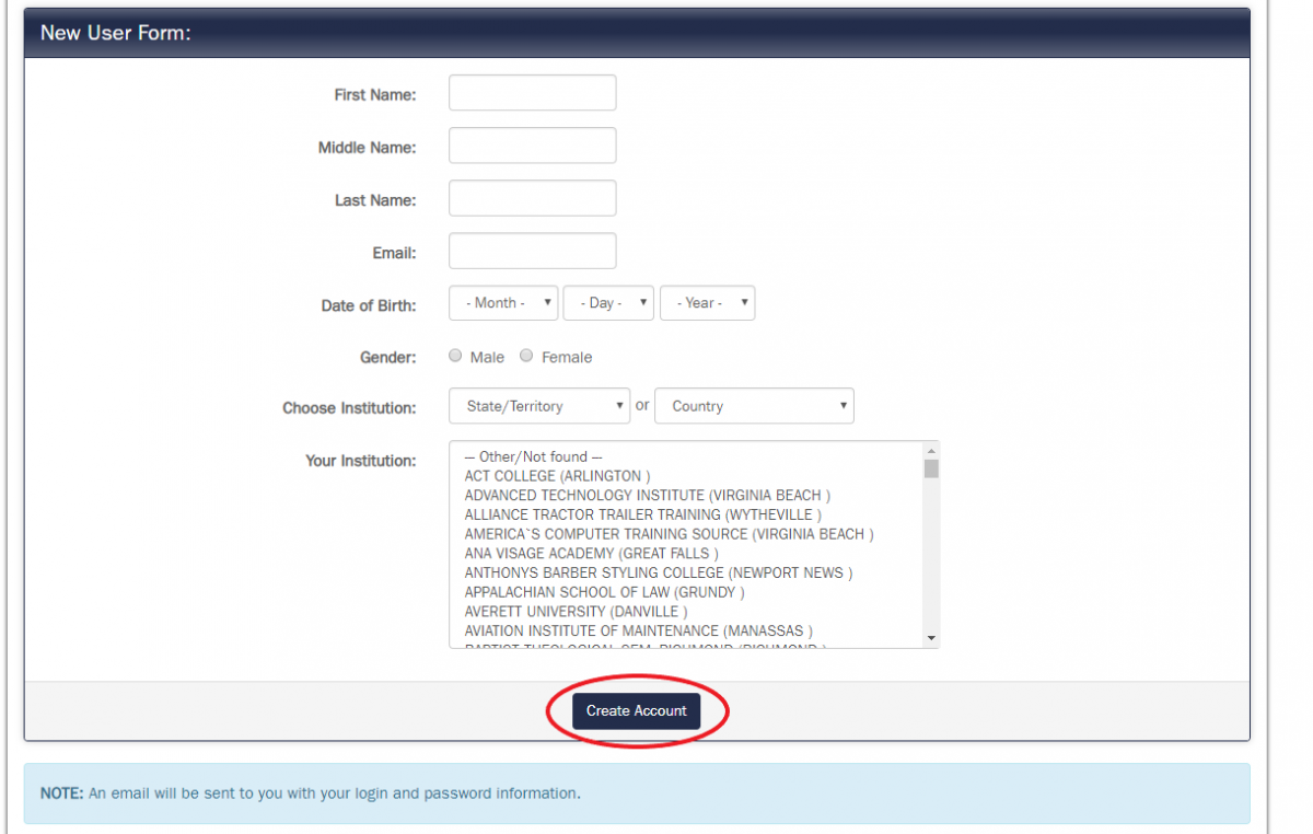 Education Abroad website New User Form with the Create Account button circled