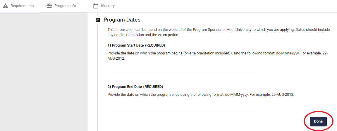Program Dates questionnaire with Done button circled