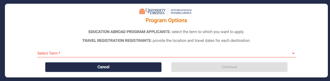 Program Options form asking students to select which term they plan to study abroad